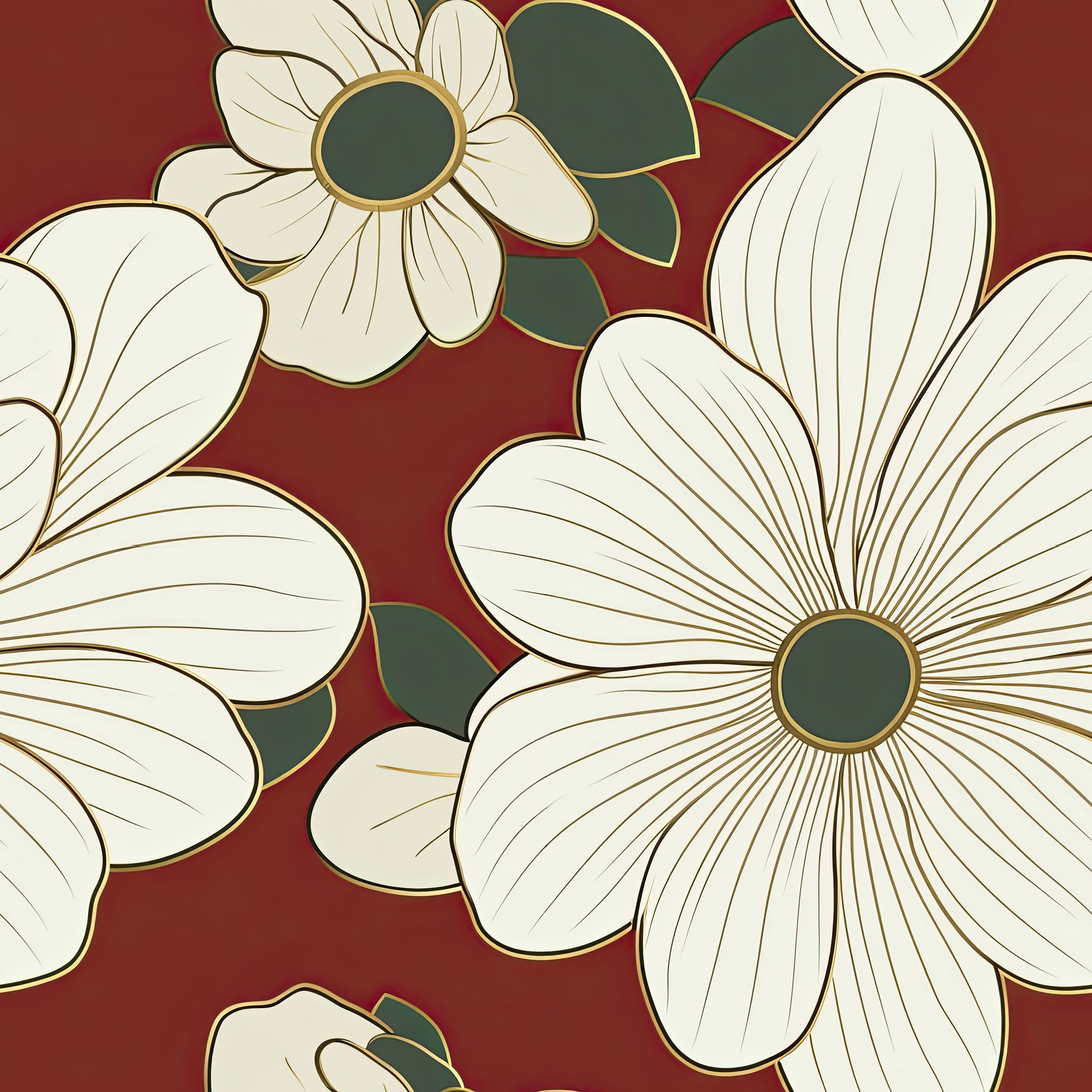 White flowers with gold accents on red background wallpaper, featuring modern floral design with green foliage by Wall Artifacts.
