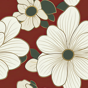 White flowers with gold accents on red background wallpaper, featuring modern floral design with green foliage by Wall Artifacts.