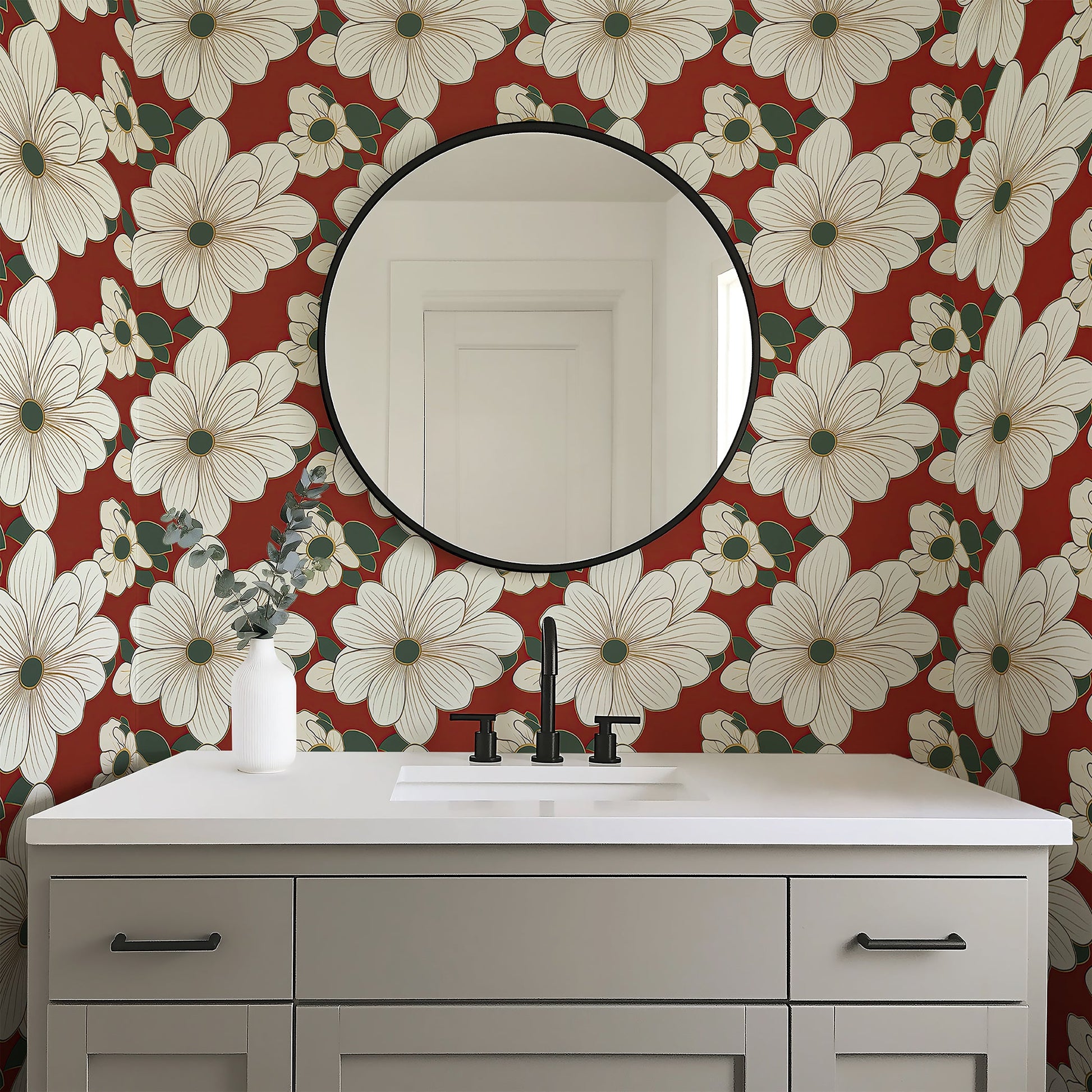 Sophisticated floral wallpaper with white flowers on red background, ideal for modern decor, featuring gold accents and deep green foliage.