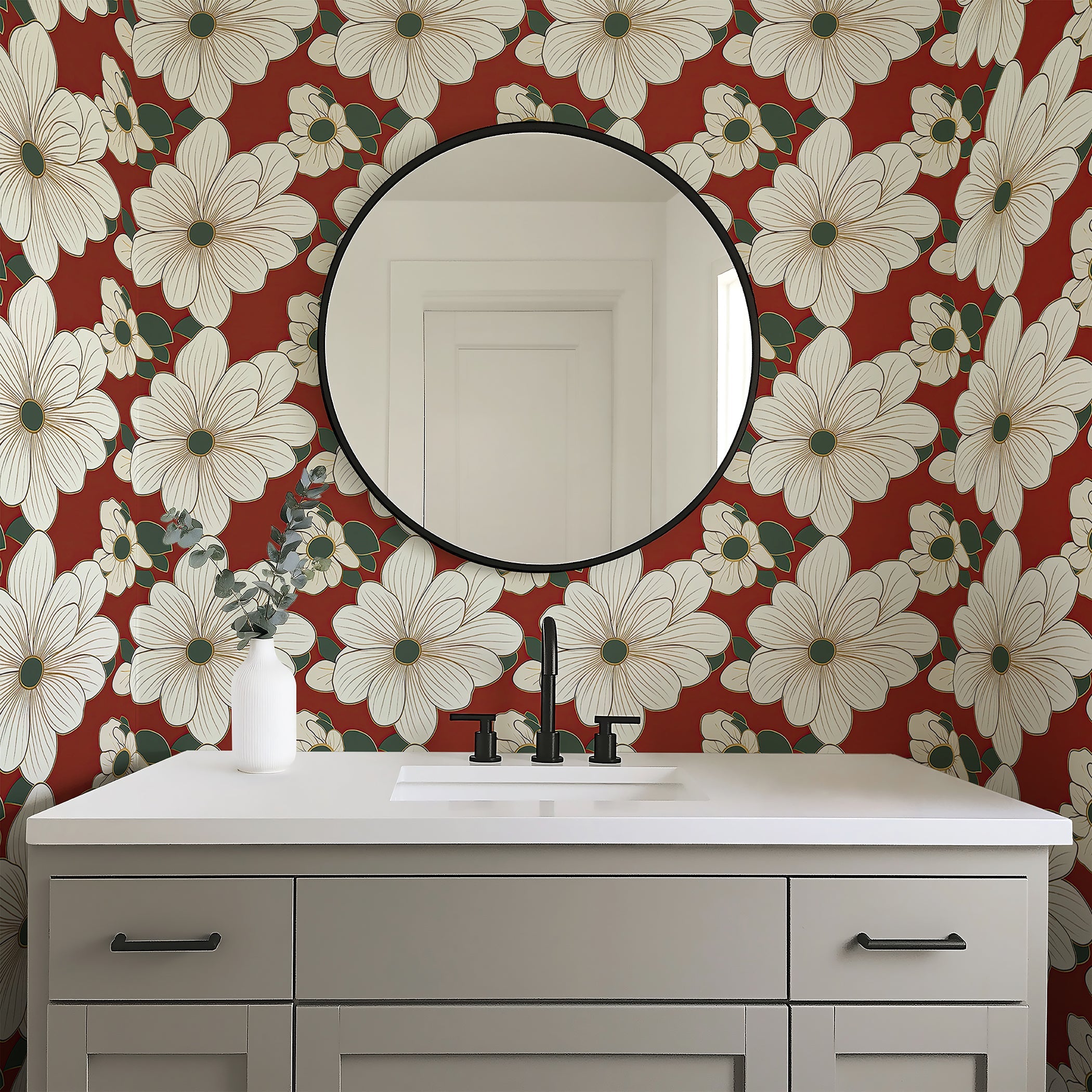 Sophisticated floral wallpaper with white flowers on red background, ideal for modern decor, featuring gold accents and deep green foliage.
