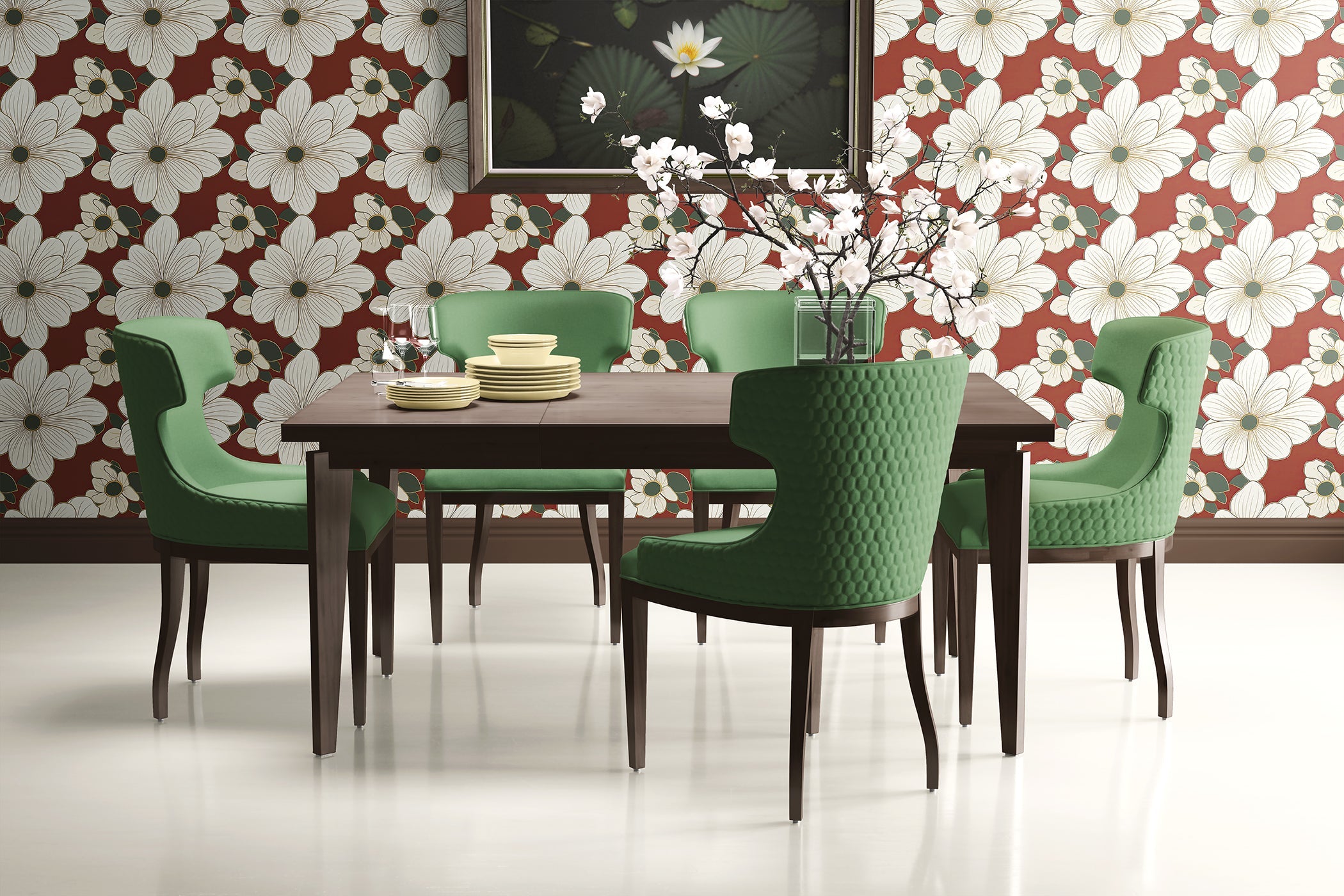 Dining room with Gilded Petals on Ruby wallpaper, featuring white flowers and gold accents on red, modern green chairs, dark table.