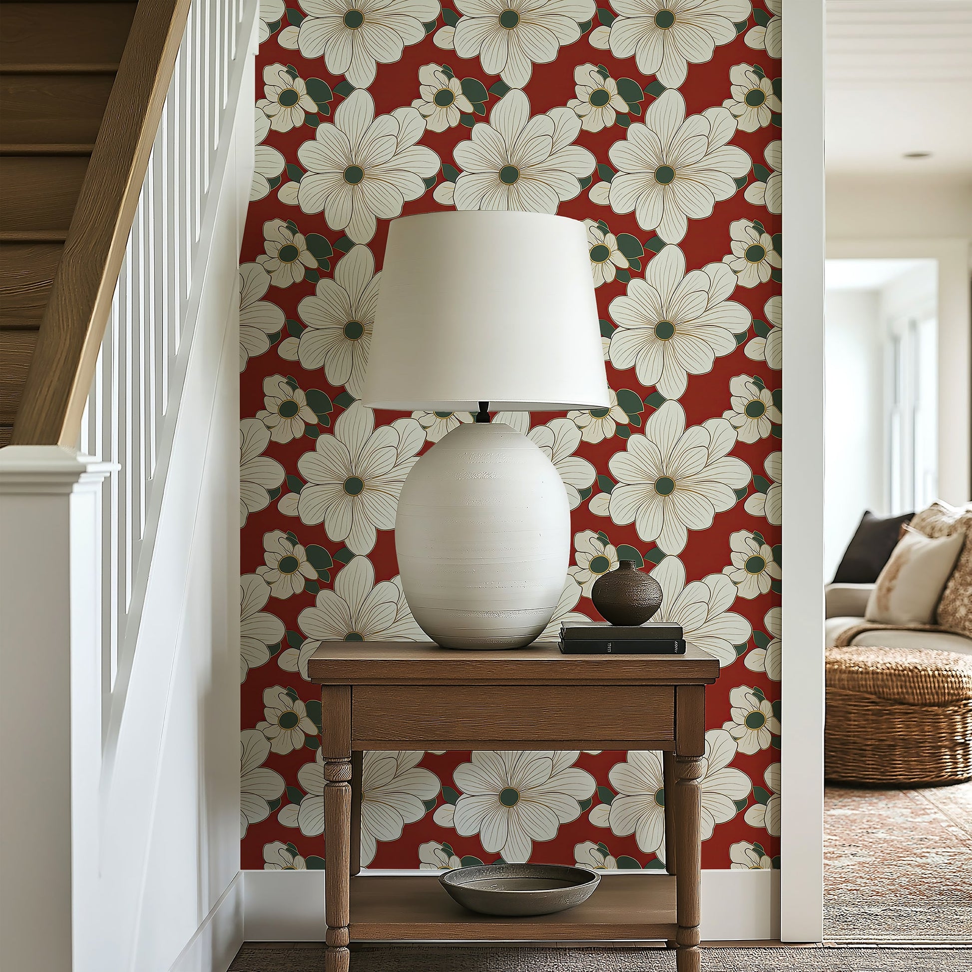 Elegant "Gilded Petals on Ruby" wallpaper featuring oversized ivory blooms with gold accents on a rich red background, perfect for modern spaces.