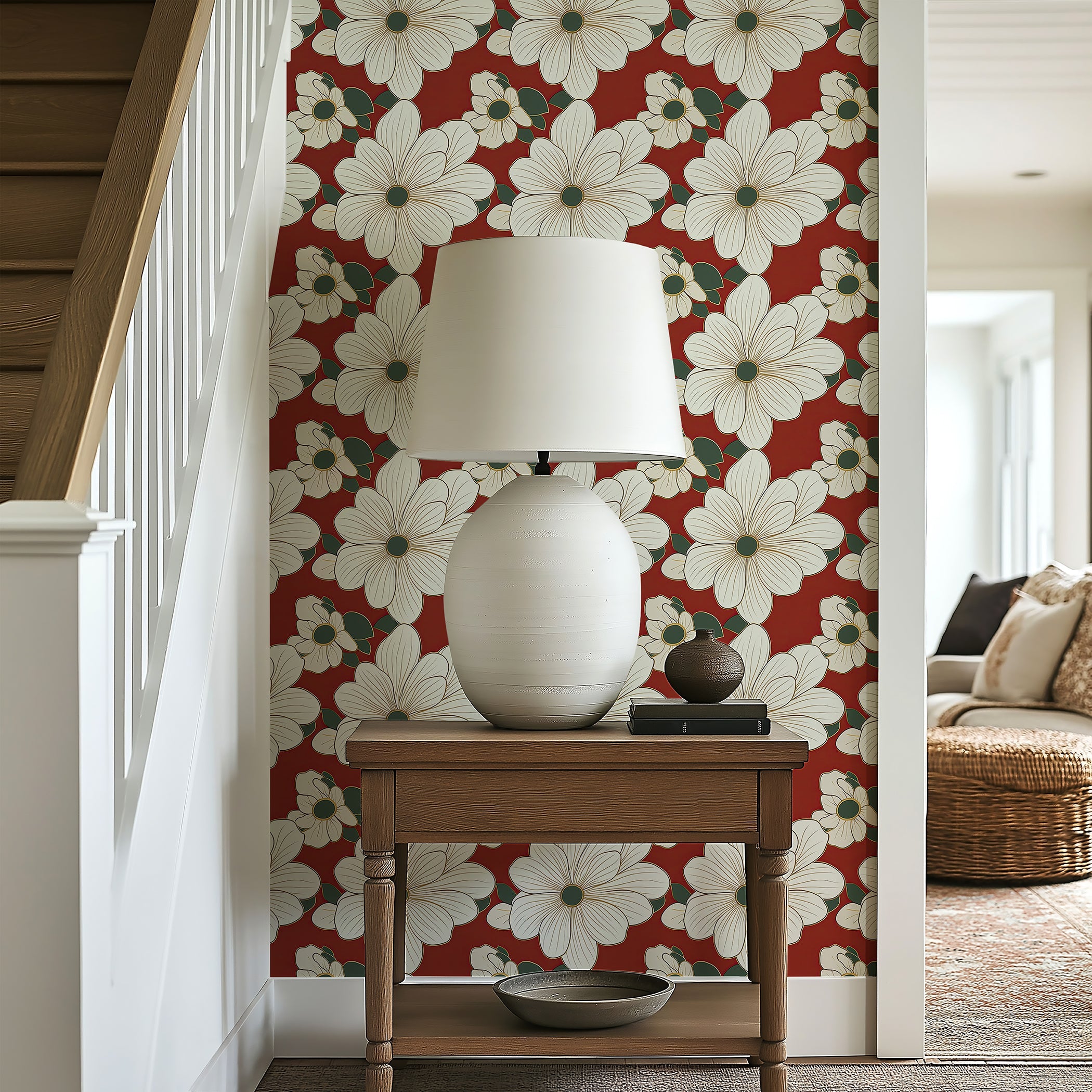 Elegant "Gilded Petals on Ruby" wallpaper featuring oversized ivory blooms with gold accents on a rich red background, perfect for modern spaces.