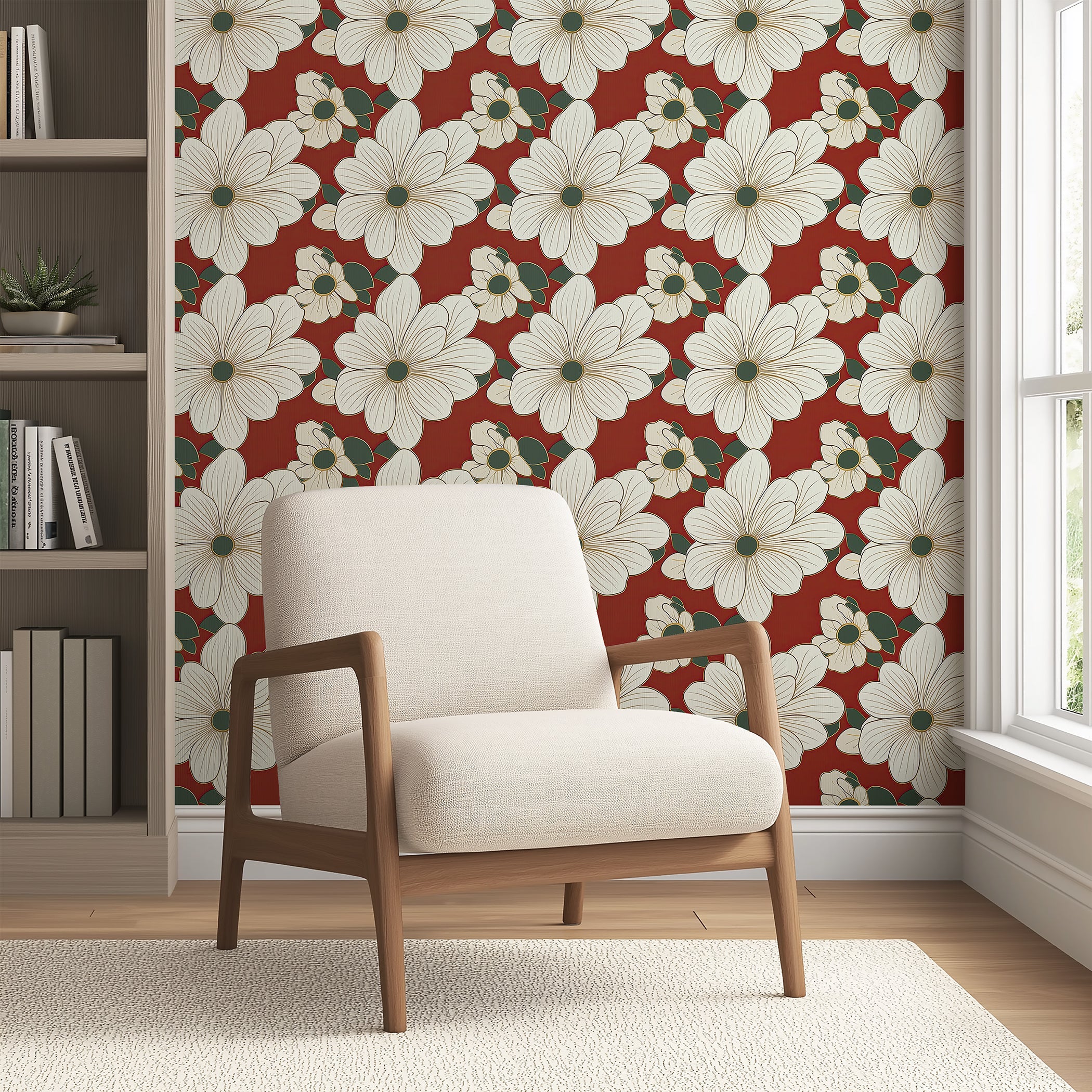 Elegant white floral wallpaper with gold outlines on a red background, featuring green foliage, lining a cozy living room corner.