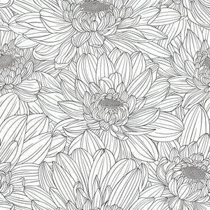 Black and white wallpaper featuring intricate floral chrysanthemum design, perfect for a monochrome, modern, and minimalist space.