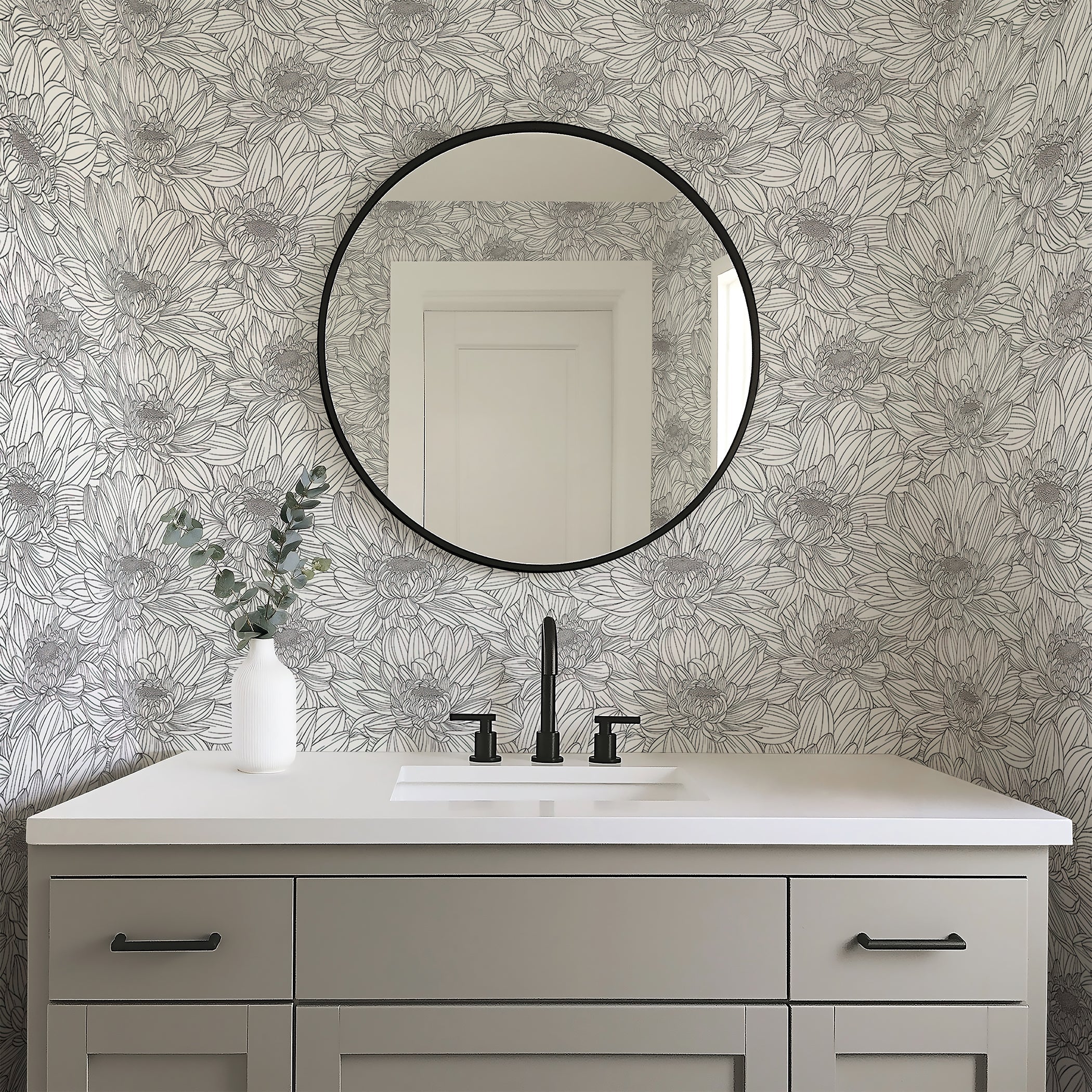 Sophisticated monochrome floral wallpaper featuring chrysanthemums in black and white, enhancing a modern bathroom interior.