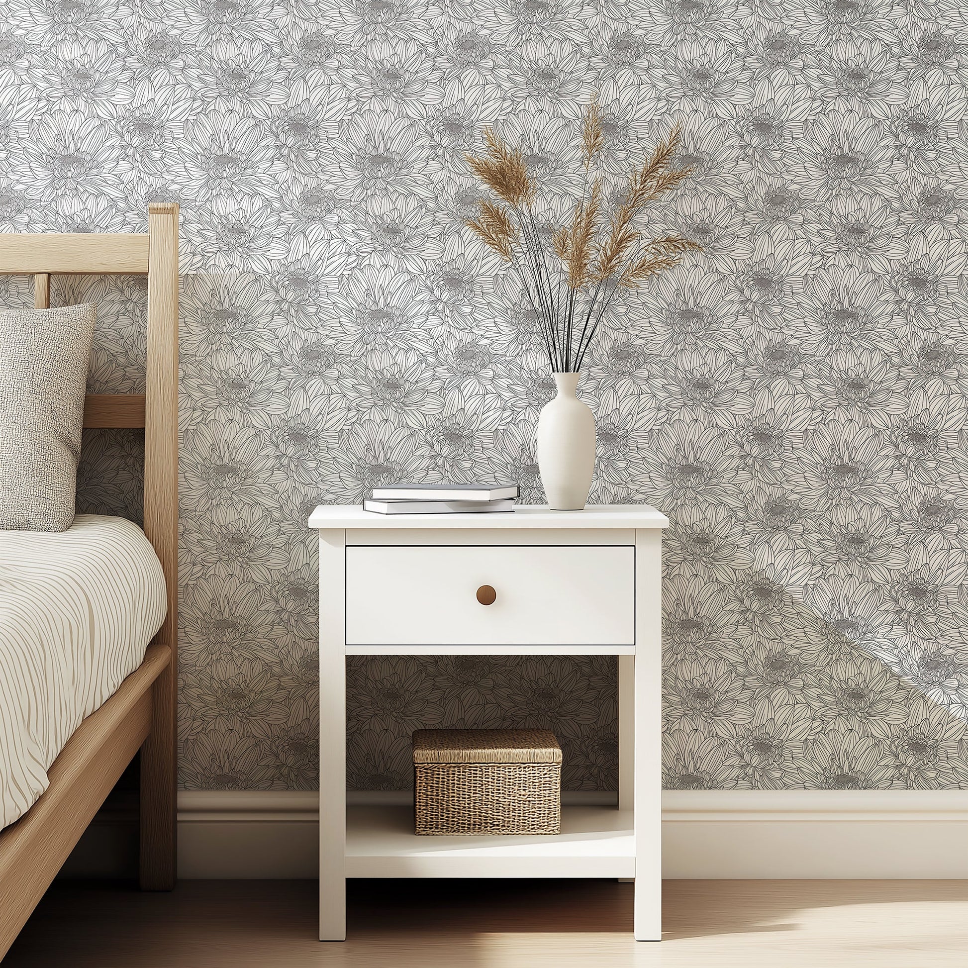 Monochrome floral wallpaper with detailed chrysanthemum design in black and white, enhancing modern interior decor with artistic elegance.