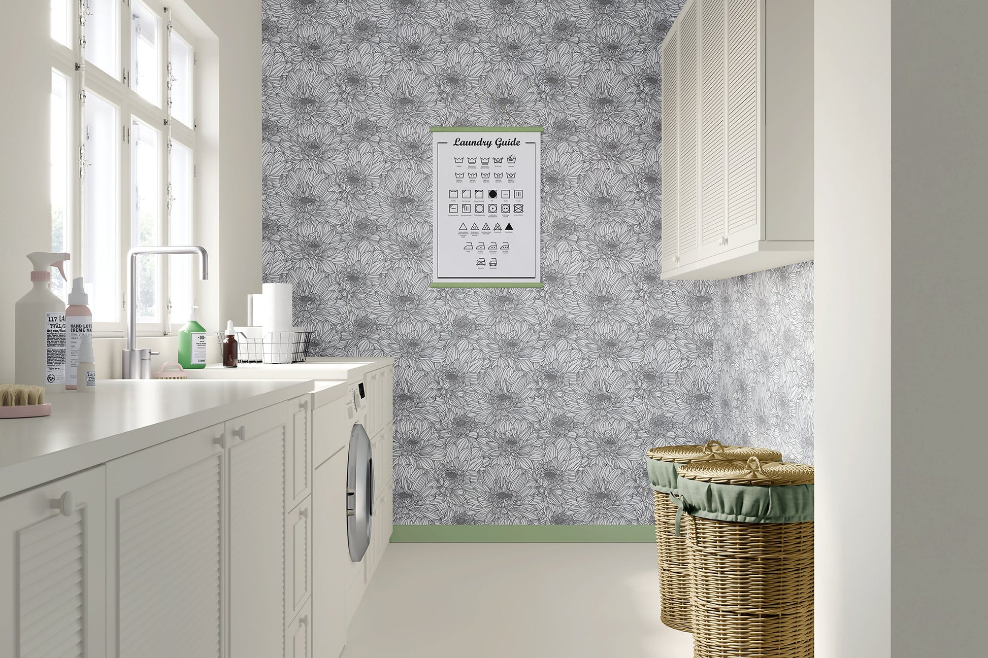 Elegant laundry room with black and white floral wallpaper featuring chrysanthemums, enhancing the monochromatic, minimalist design.