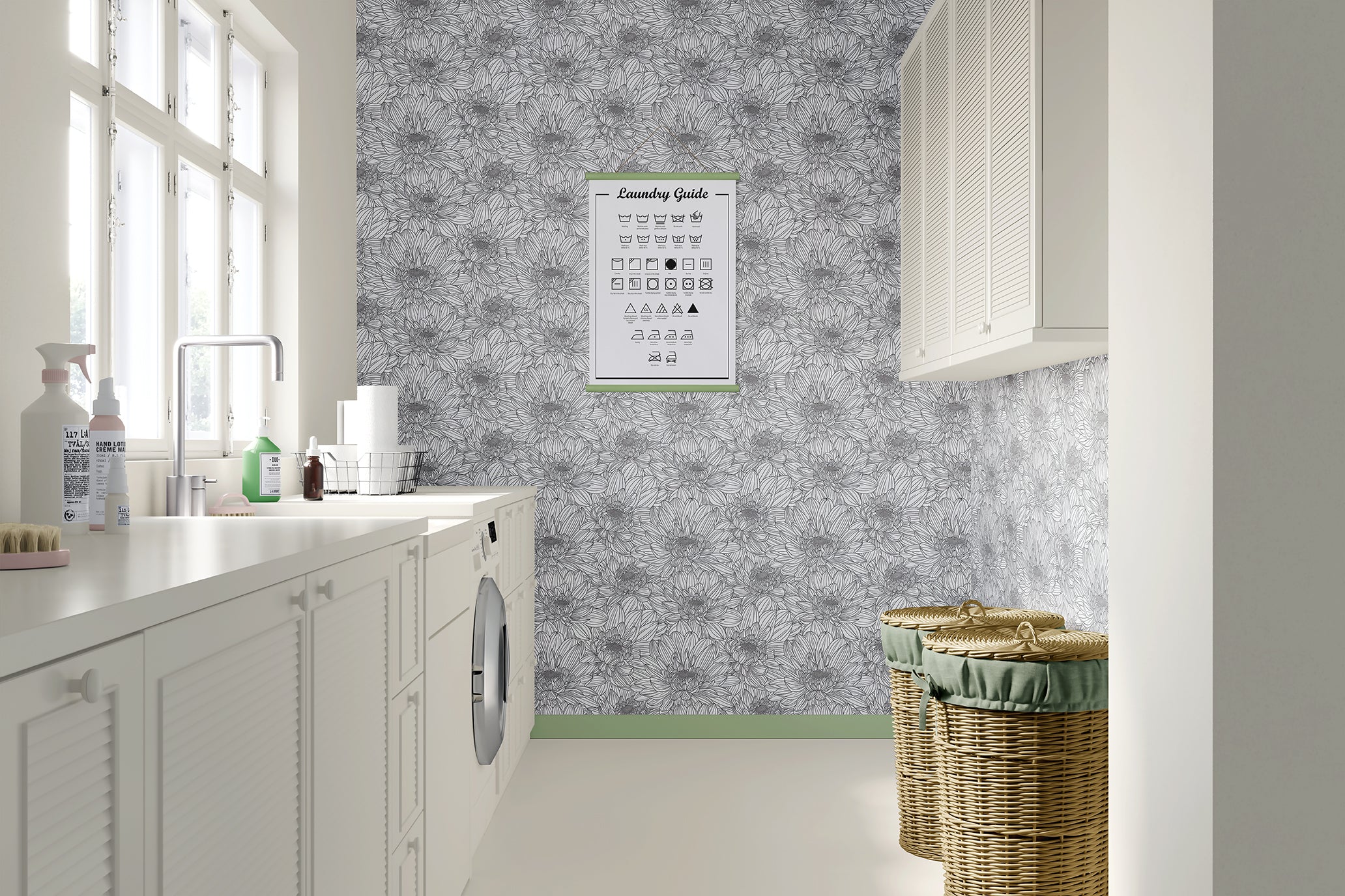 Elegant laundry room with black and white floral wallpaper featuring chrysanthemums, enhancing the monochromatic, minimalist design.