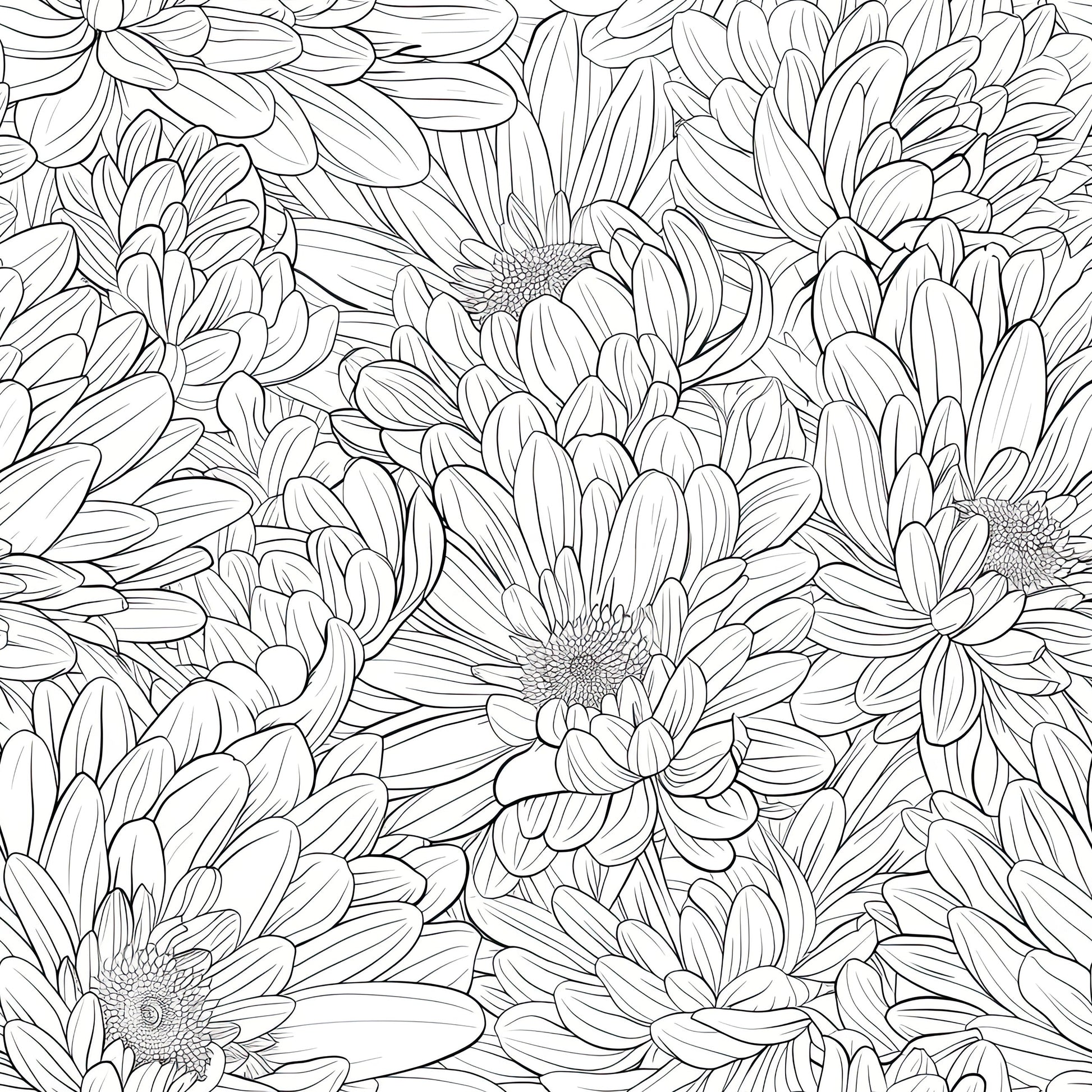Monochrome chrysanthemum floral wallpaper with hand-drawn flowers, featuring black and white design for elegant wall decor.