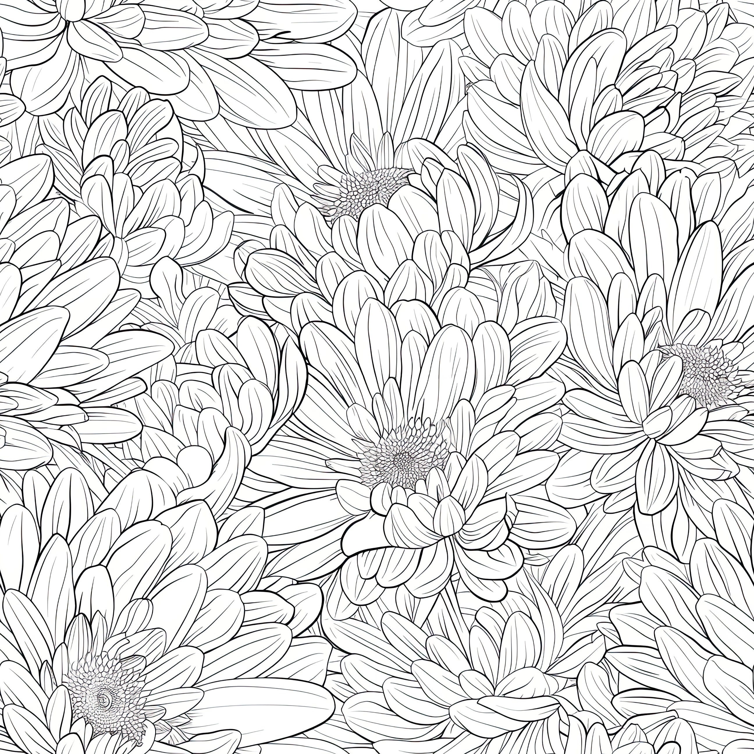 Monochrome chrysanthemum floral wallpaper with hand-drawn flowers, featuring black and white design for elegant wall decor.