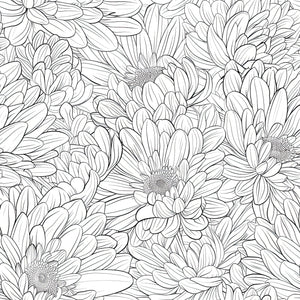 Monochrome chrysanthemum floral wallpaper with hand-drawn flowers, featuring black and white design for elegant wall decor.