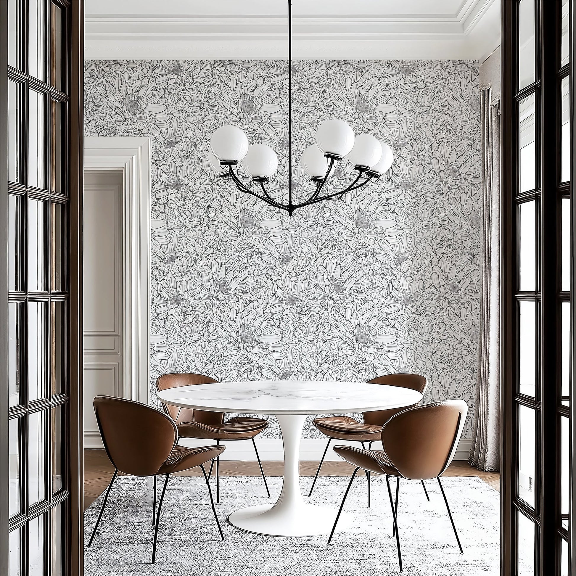 Elegant dining room with Chrysanthemum Dreamscape wallpaper in monochrome floral design, featuring black and white chrysanthemum pattern.