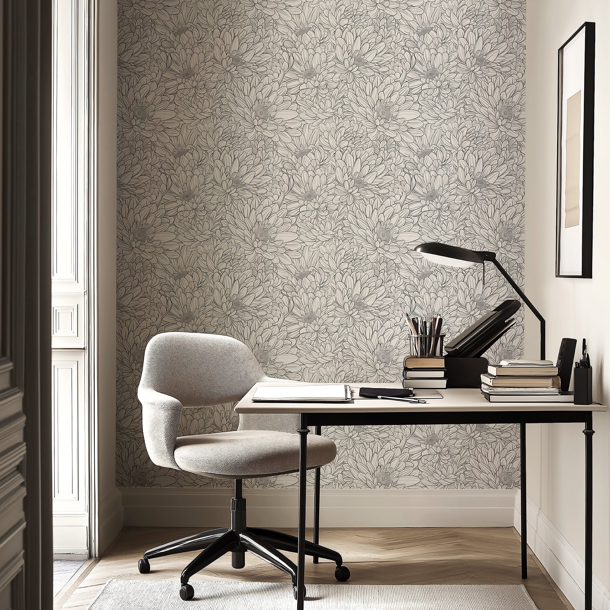 Modern workspace with monochrome Chrysanthemum Dreamscape floral wallpaper in black and white, featuring detailed hand-drawn flowers.