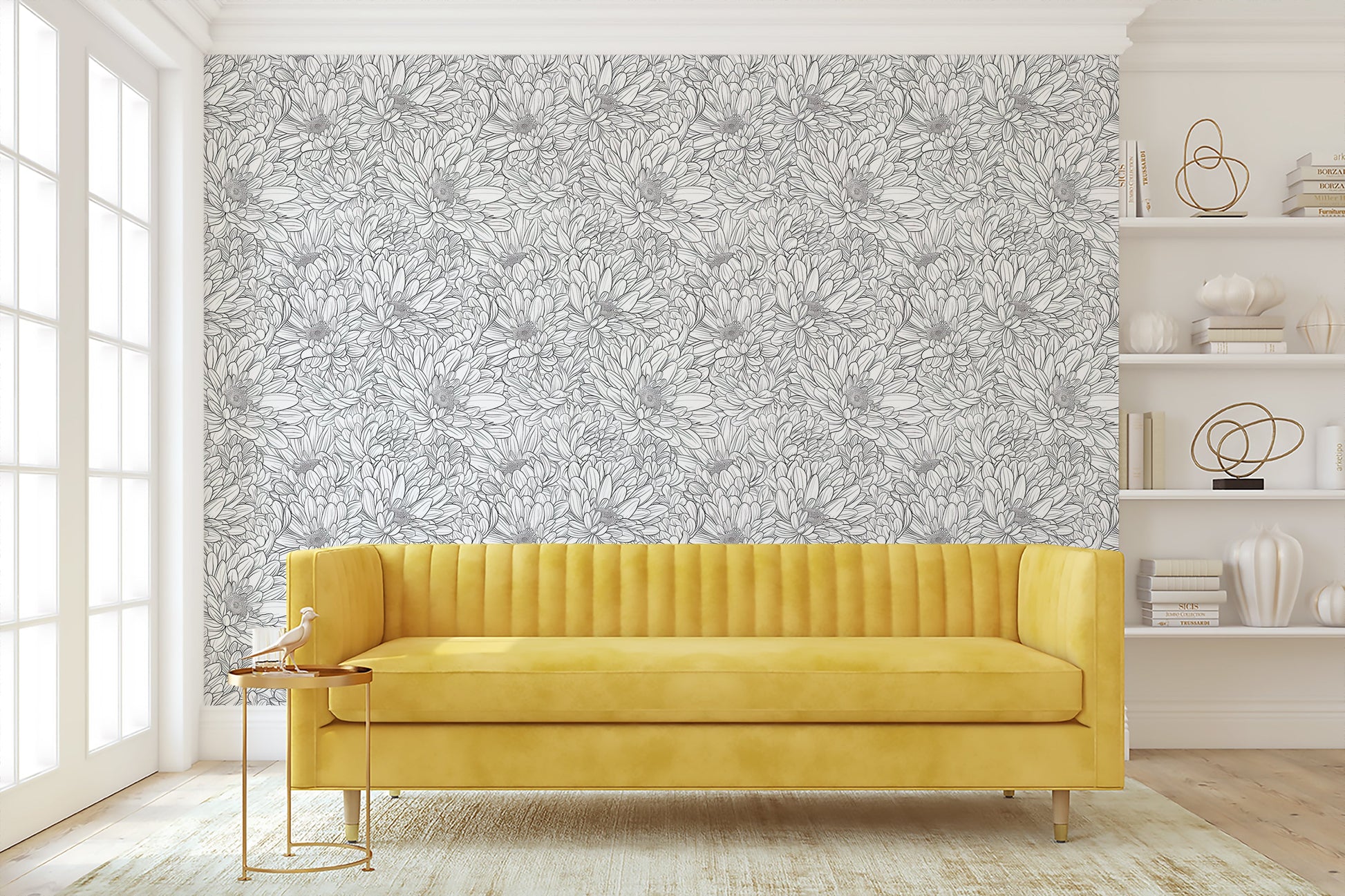 Modern living room with yellow sofa against monochrome black and white chrysanthemum floral wallpaper, adding elegance and flair.