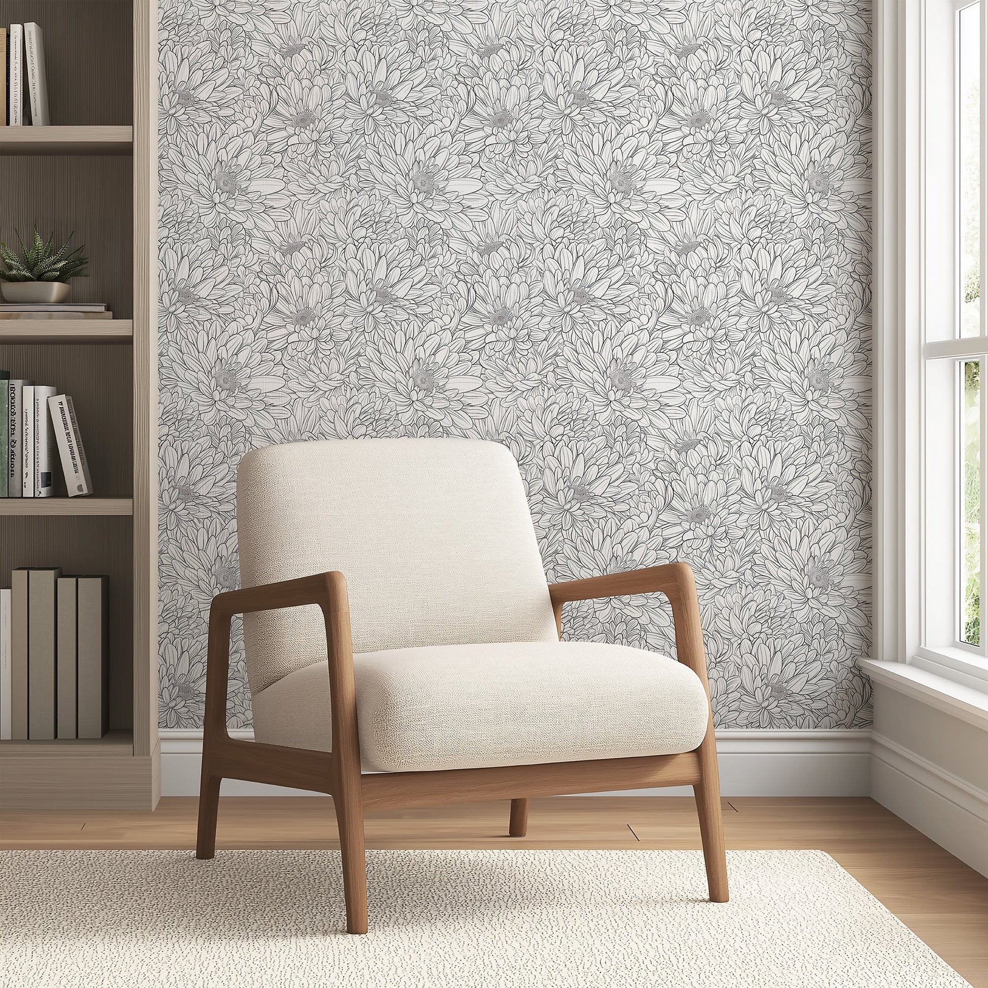 Monochromatic black and white floral wallpaper with hand-drawn chrysanthemums, featuring a modern chair in a cozy interior setting.