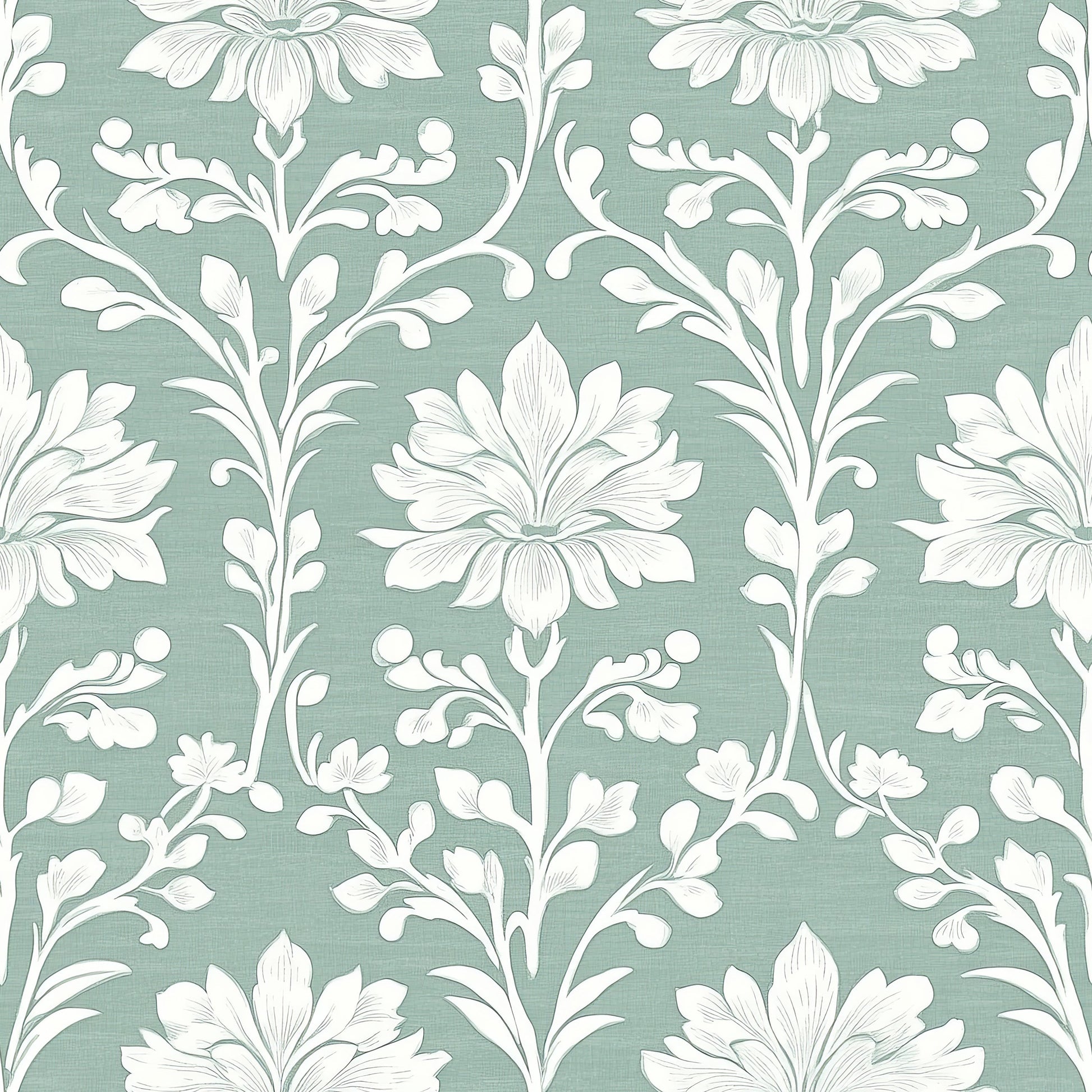 Timeless teal damask wallpaper with white floral design for elegant home decor transformation.