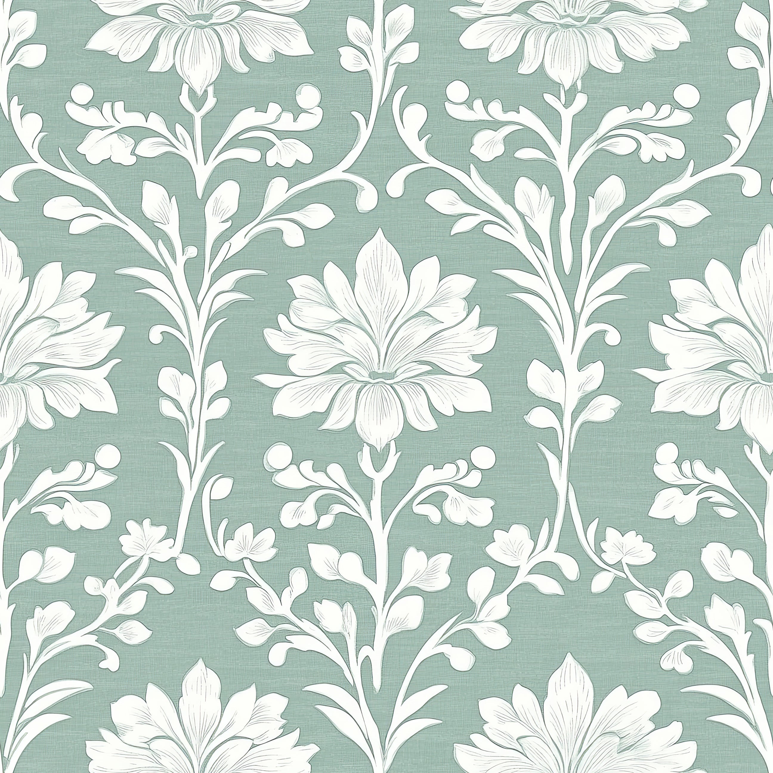 Timeless teal damask wallpaper with white floral design for elegant home decor transformation.