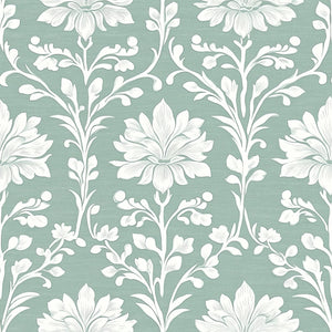 Timeless teal damask wallpaper with white floral design for elegant home decor transformation.
