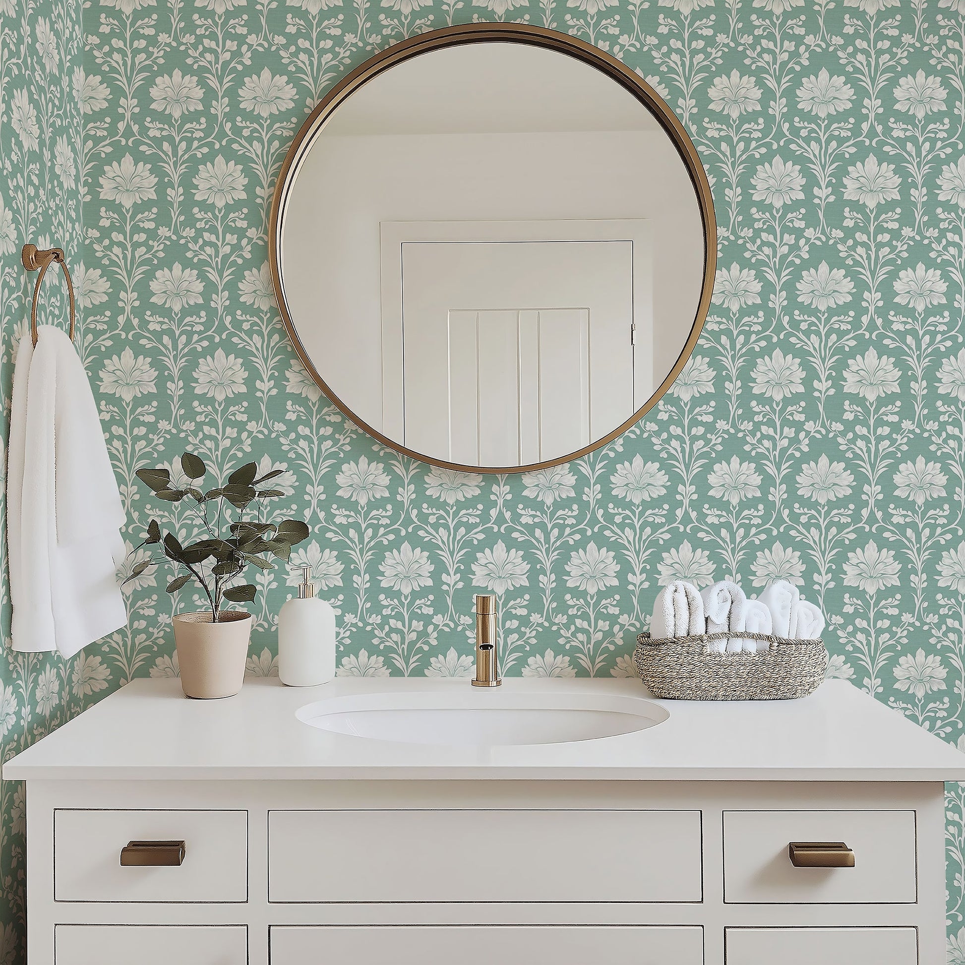Elegant bathroom with Timeless Teal Damask wallpaper featuring white floral design, enhancing the space's sophisticated charm.