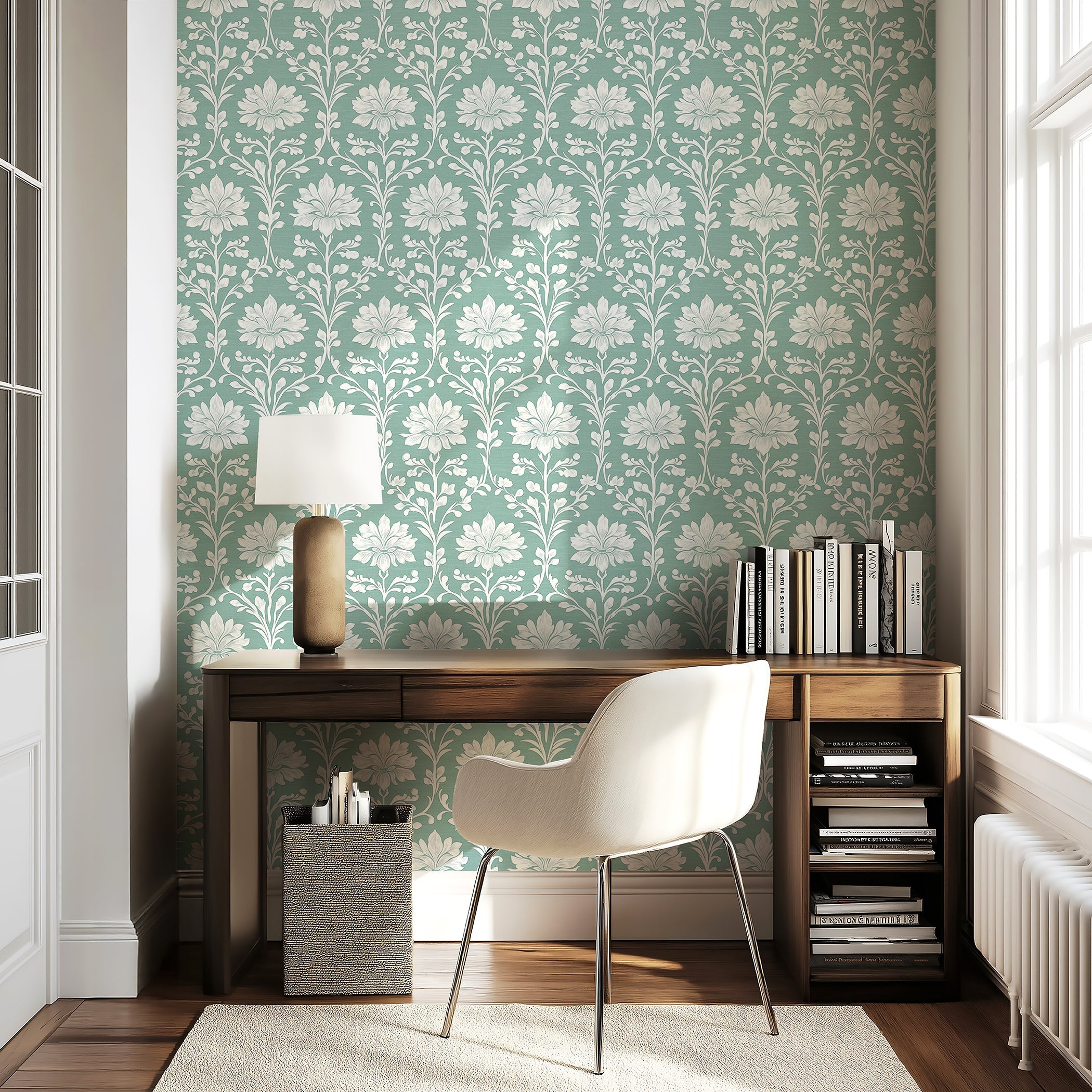 Timeless Teal Damask wallpaper with white floral designs on a teal background in a modern room with a wooden desk and chair.