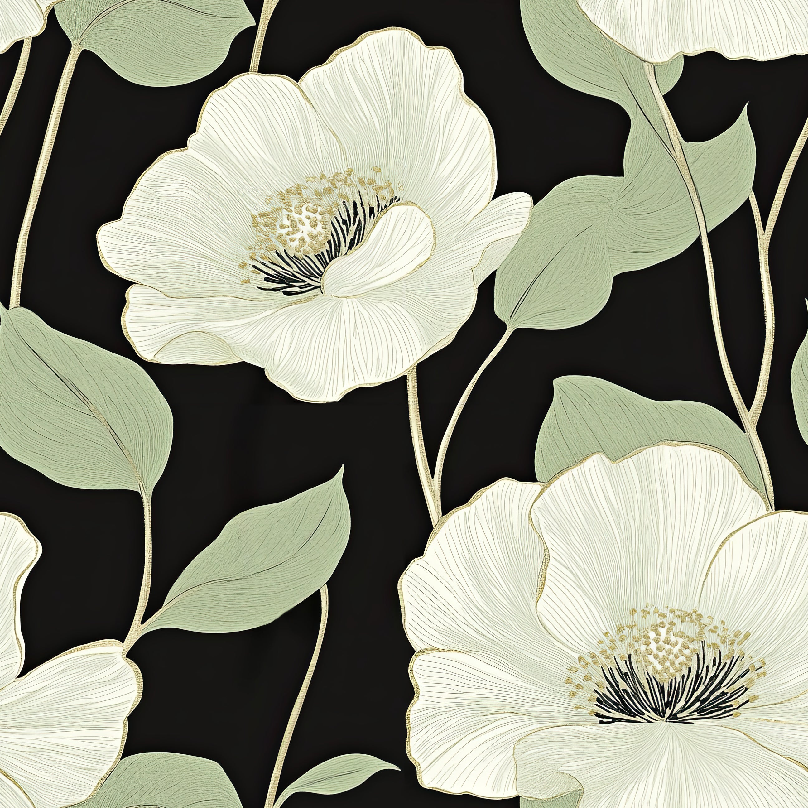 Botanical Luxe wallpaper featuring white flowers, mint green foliage on a black background; elegant floral home decor.