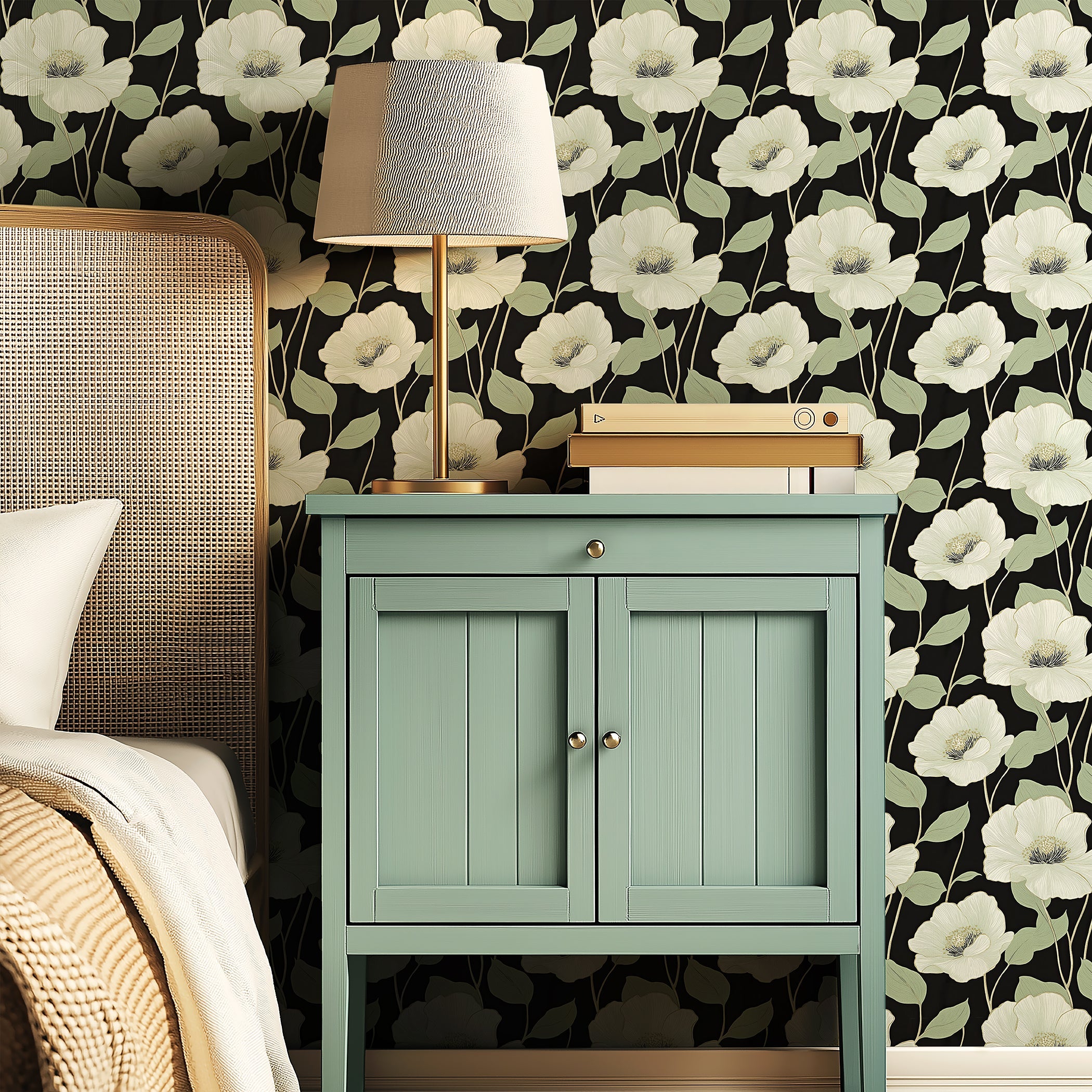 Botanical Luxe on Black Wallpaper with white floral patterns, sage foliage on black background, mint green cabinet, modern decor.