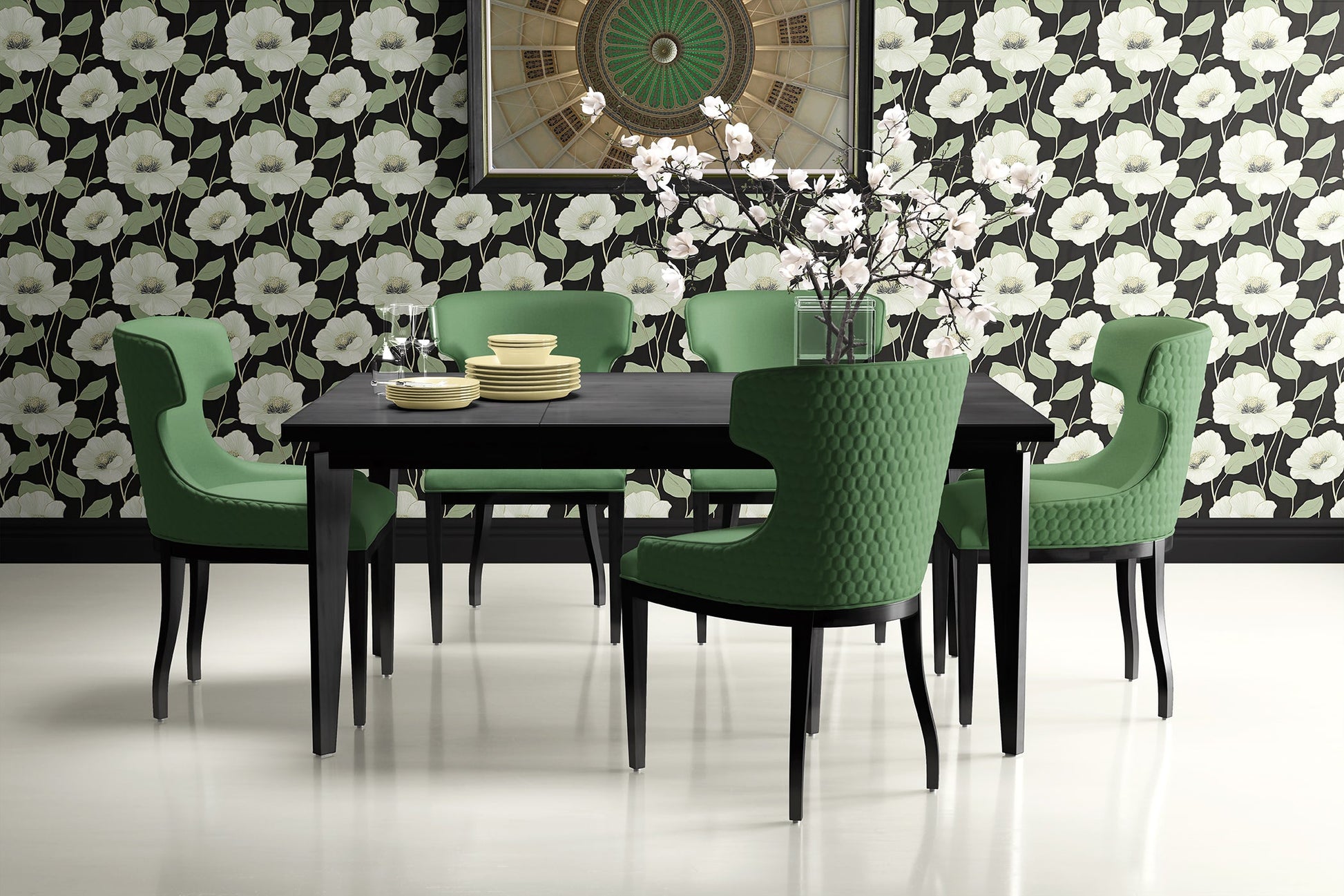 Dining room with green chairs and table against floral wallpaper featuring white flowers and green foliage on a black background.