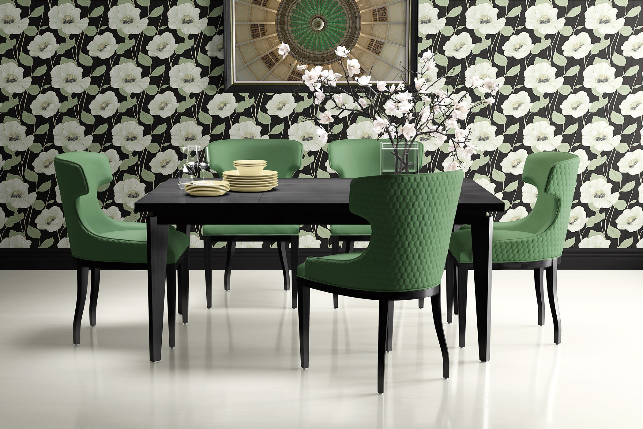 Dining room with green chairs and table against floral wallpaper featuring white flowers and green foliage on a black background.