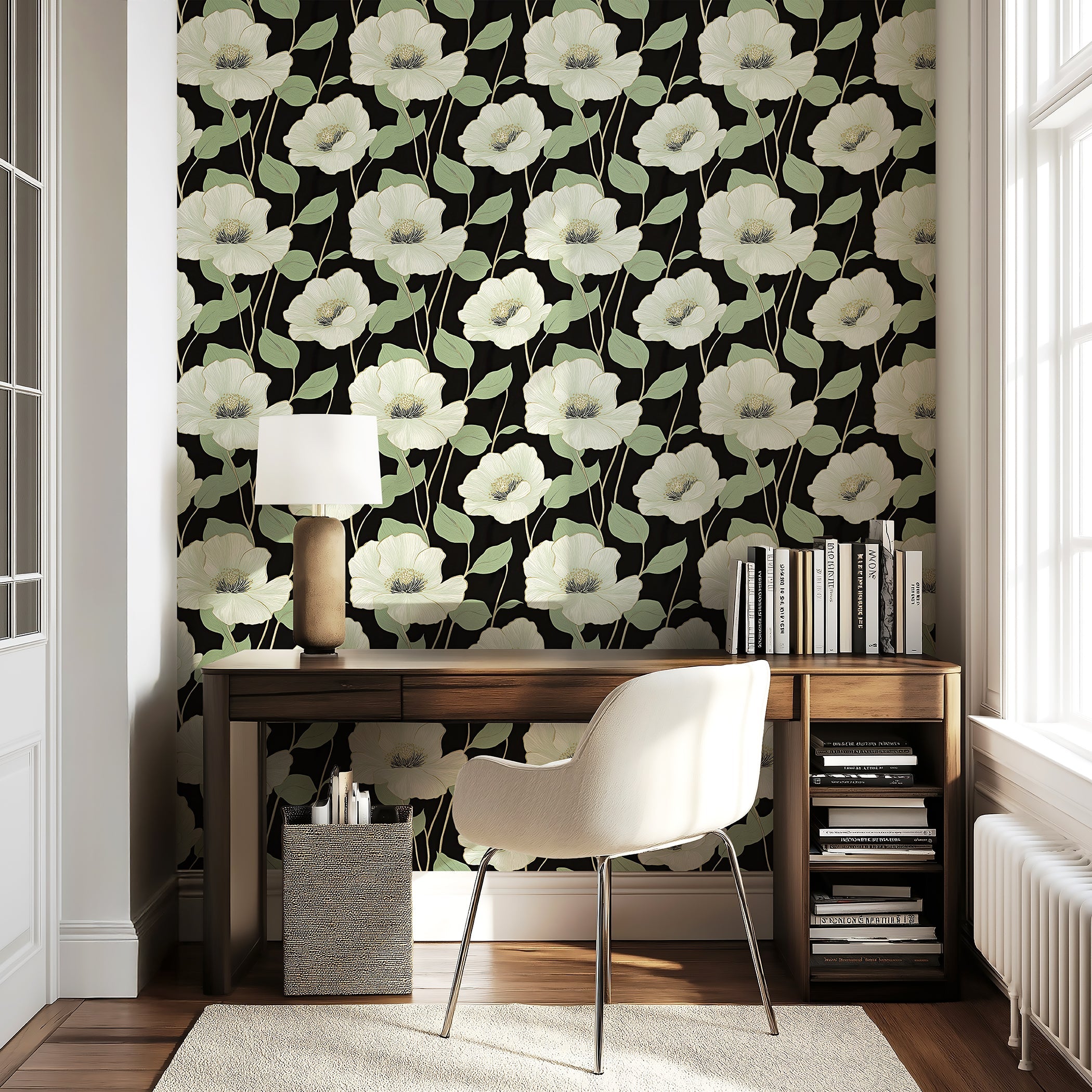 Botanical Luxe wallpaper with white floral patterns and mint green foliage on a black background in a stylish home office setting.