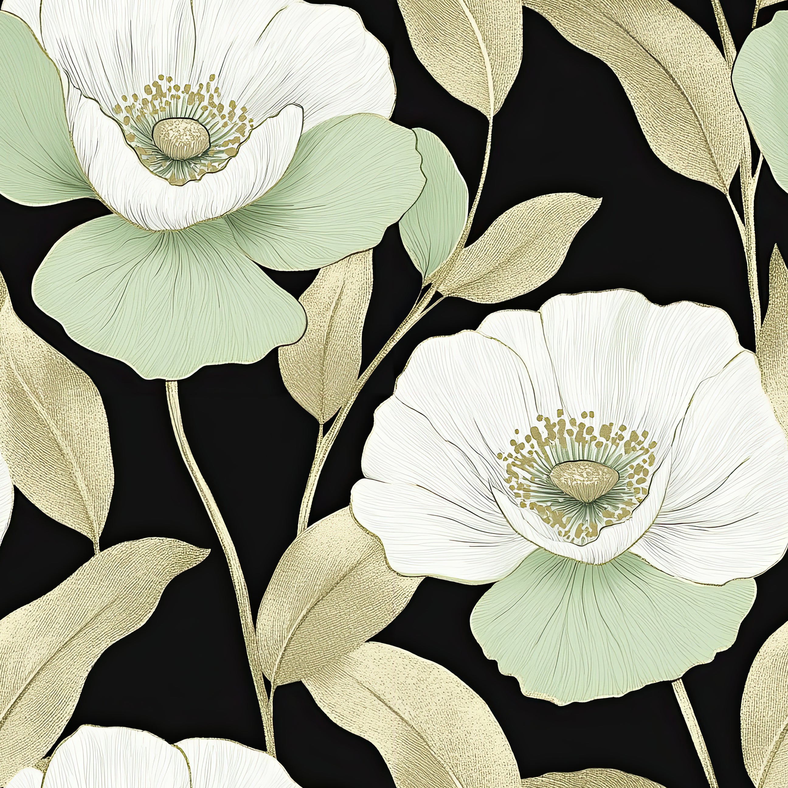 Botanical Luxe on Black II wallpaper featuring white flowers with mint-green petals and golden leaves on a black background.