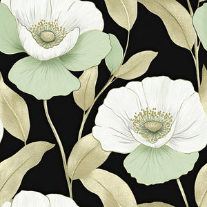 Botanical Luxe on Black II wallpaper featuring white flowers with mint-green petals and golden leaves on a black background.