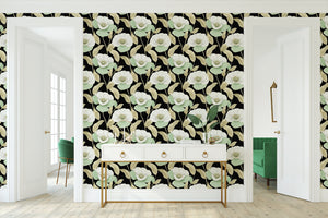 "Botanical Luxe on Black II floral wallpaper featuring white and mint-green flowers against a black background in an elegant room setting."