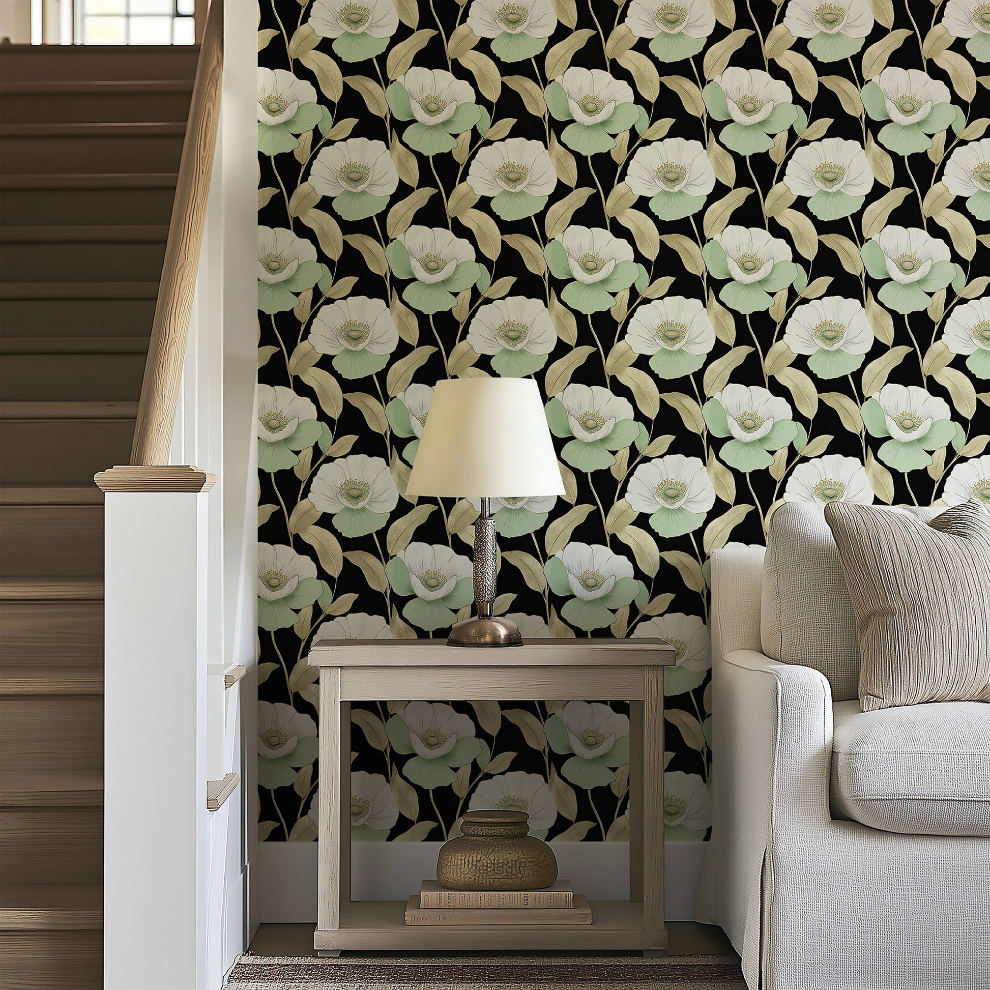 Botanical Luxe on Black II wallpaper with white and mint flowers on black background, perfect for elegant modern interiors.