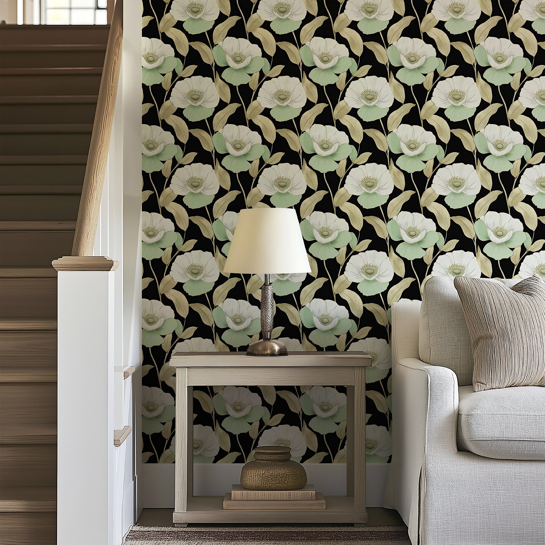 Botanical Luxe on Black II wallpaper with white and mint flowers on black background, perfect for elegant modern interiors.