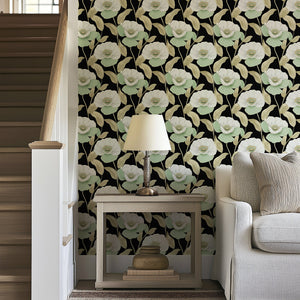 Botanical Luxe on Black II wallpaper with white and mint flowers on black background, perfect for elegant modern interiors.