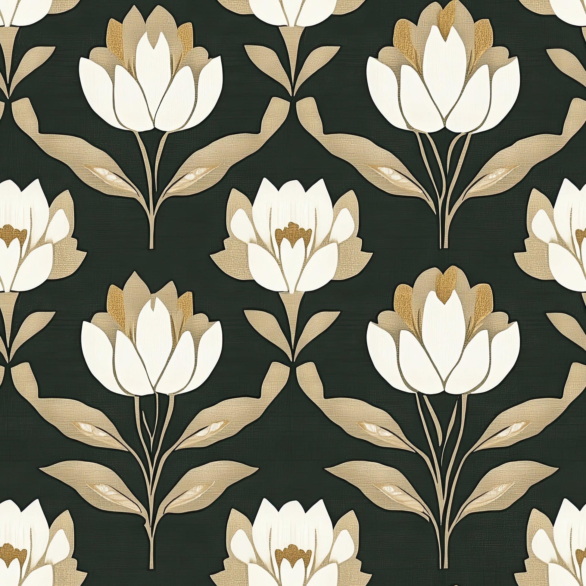 Golden Heritage Floral Wallpaper with ivory and gold Art Nouveau flowers on a dark green background, elegant wall decor.
