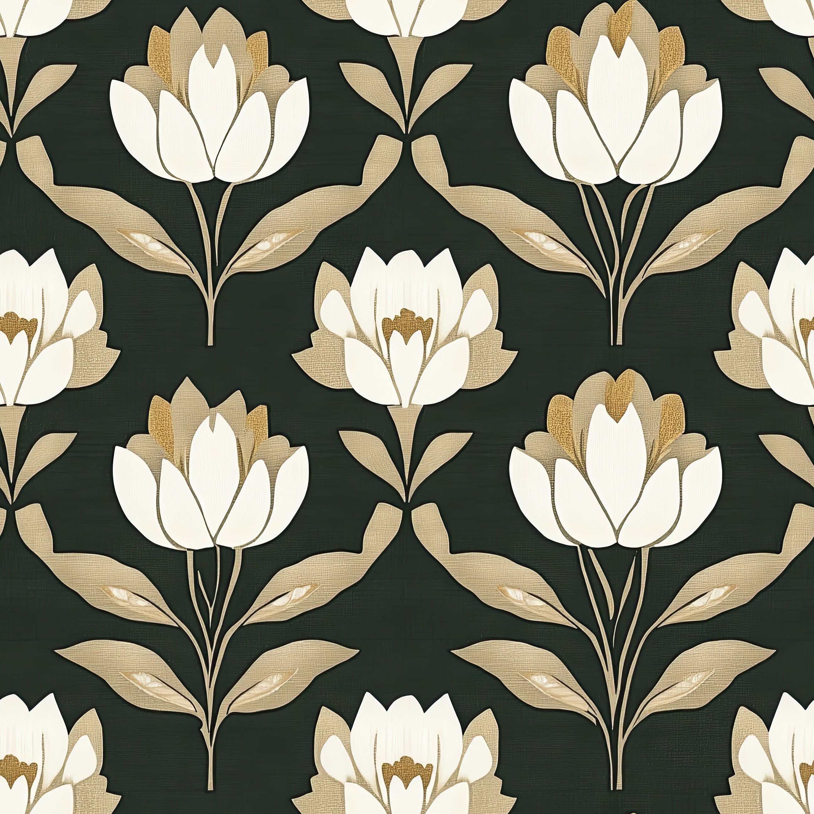 Golden Heritage Floral Wallpaper with ivory and gold Art Nouveau flowers on a dark green background, elegant wall decor.