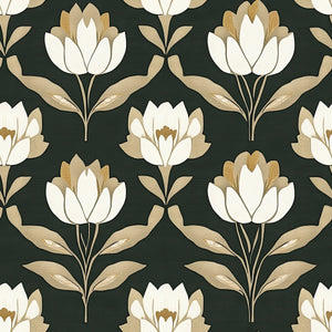 Golden Heritage Floral Wallpaper with ivory and gold Art Nouveau flowers on a dark green background, elegant wall decor.