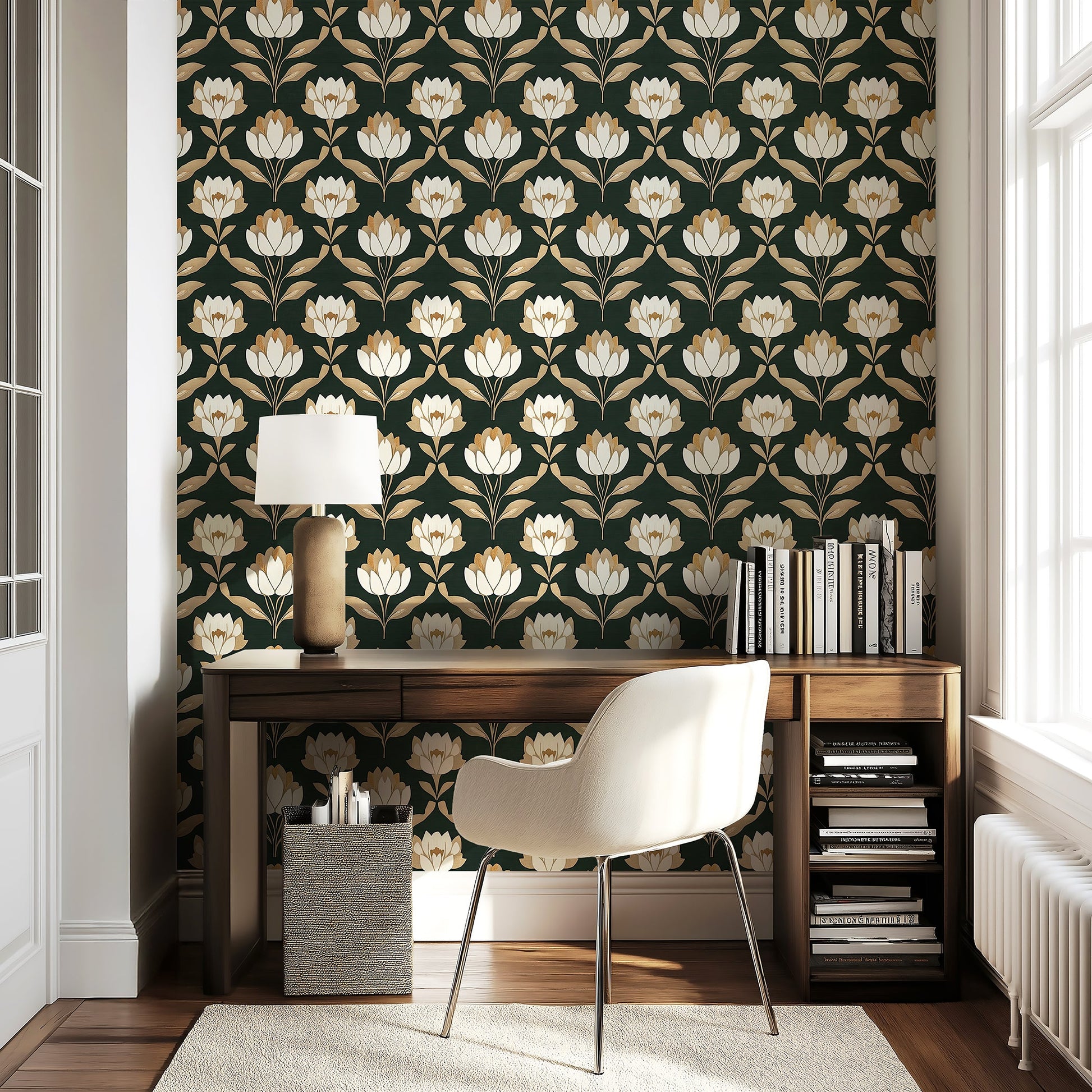 Golden Heritage Floral wallpaper with ivory and gold flowers on dark green background, showcasing art nouveau and art deco style.