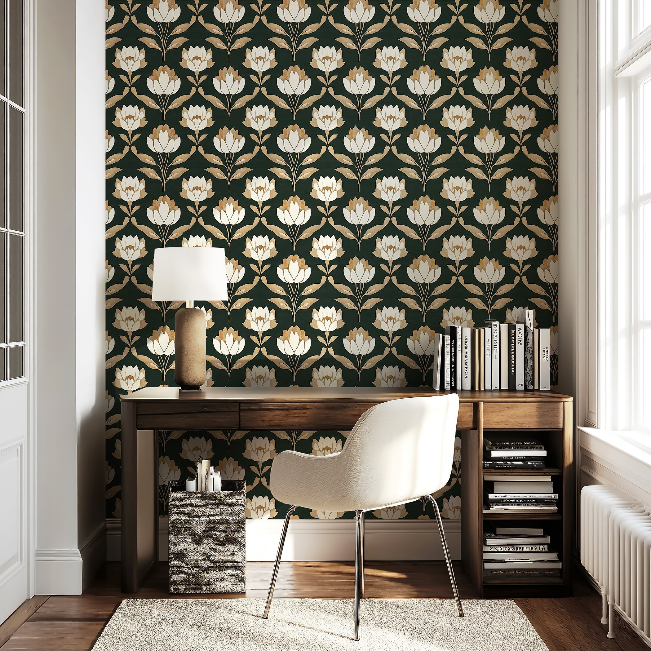 Golden Heritage Floral wallpaper with ivory and gold flowers on dark green background, showcasing art nouveau and art deco style.