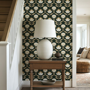 Golden Heritage Floral wallpaper with ivory and gold flowers on dark green background, art nouveau style.