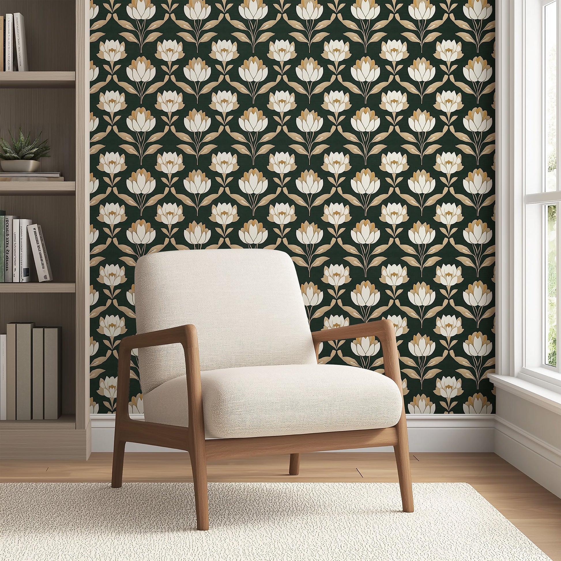 Golden Heritage Floral wallpaper with ivory and gold flower patterns on dark green background, embodying art nouveau and art deco styles.