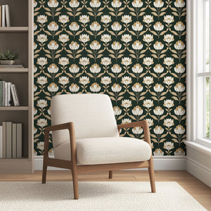 Golden Heritage Floral wallpaper with ivory and gold flower patterns on dark green background, embodying art nouveau and art deco styles.