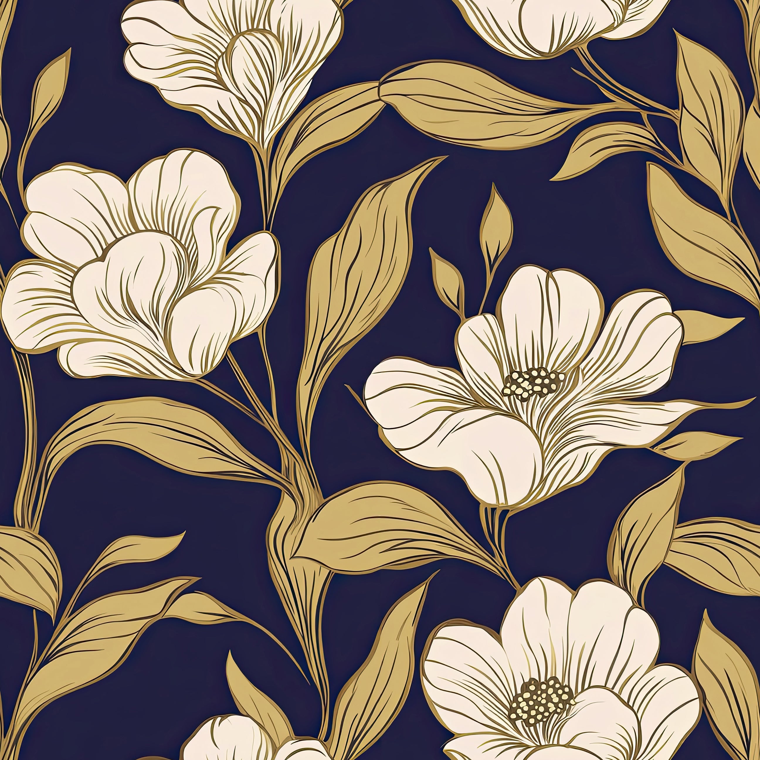 Elegant navy wallpaper with ivory and gold floral patterns, featuring sophisticated flowers and botanical linework for stylish decor.