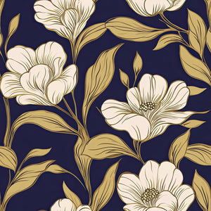 Elegant navy wallpaper with ivory and gold floral patterns, featuring sophisticated flowers and botanical linework for stylish decor.