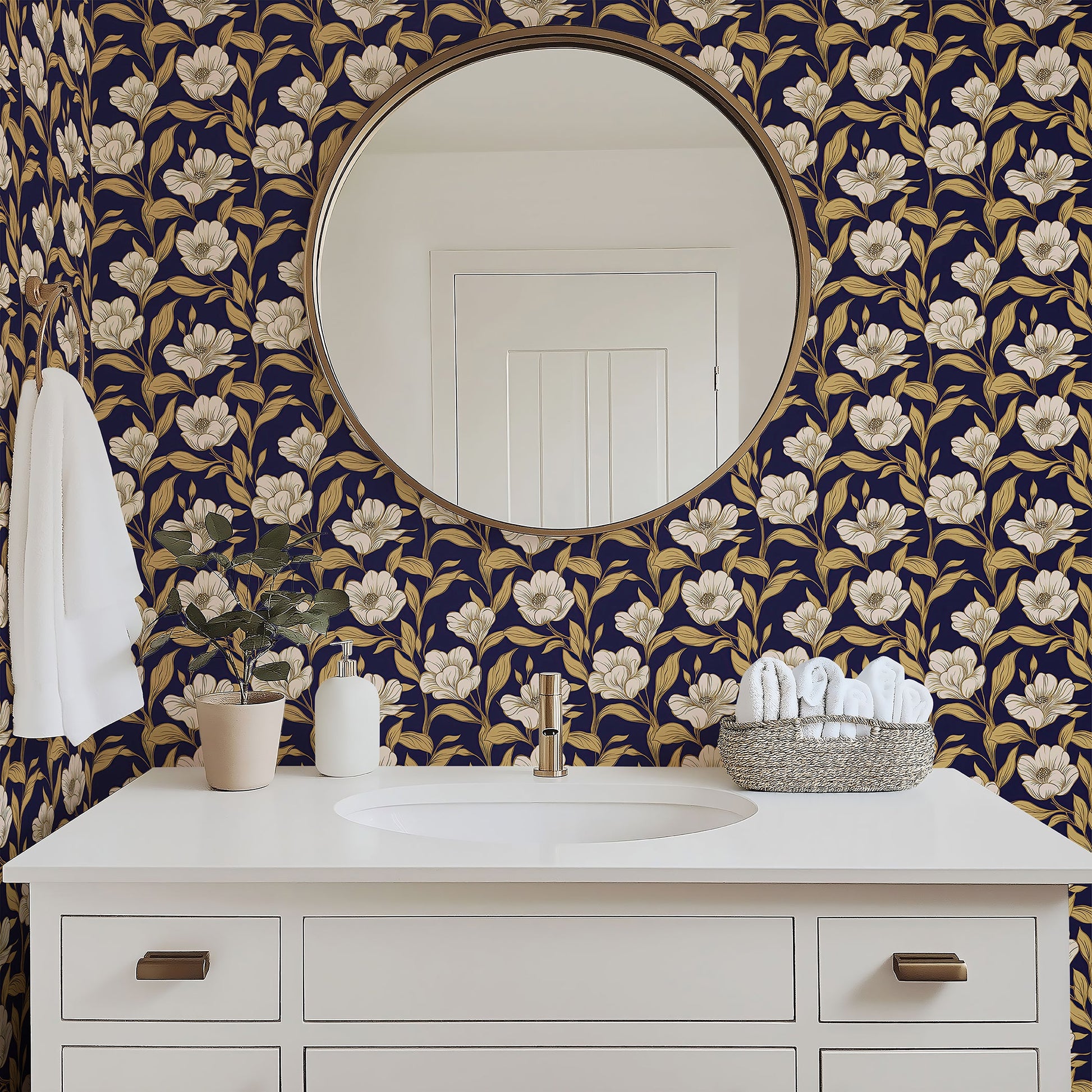 Dusky Petal Elegance wallpaper with ivory flowers and golden accents on navy, enhancing a sophisticated bathroom decor.