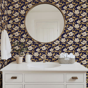 Dusky Petal Elegance wallpaper with ivory flowers and golden accents on navy, enhancing a sophisticated bathroom decor.