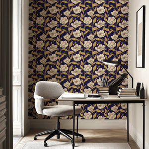 Sophisticated floral wallpaper with ivory petals and golden linework on navy background, ideal for accent walls and entryways.