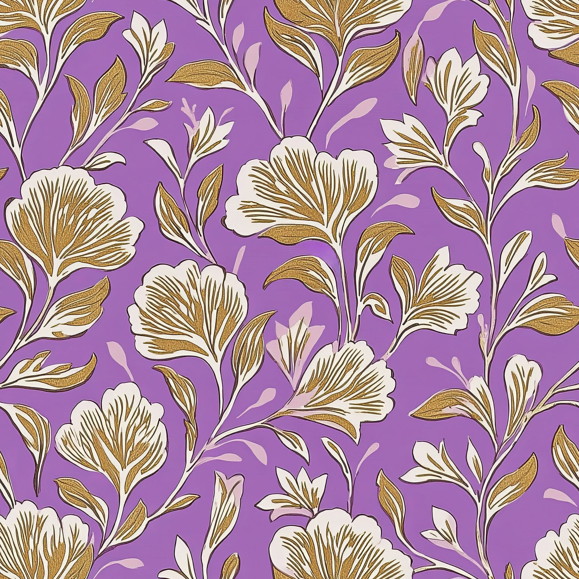 Vintage Charm Wallpaper with floral design in gold and ivory on lilac background, featuring elegant purple flowers.
